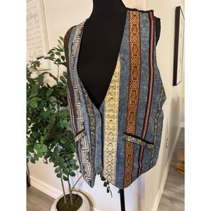 D.D. Designs Vintage Denim Tapestry Vest Boho Embroidered Blue Black Small